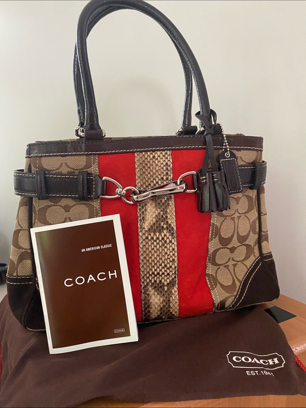 NWT Vintage Coach Hampton signature jacquard satchel python snakeskin NIB